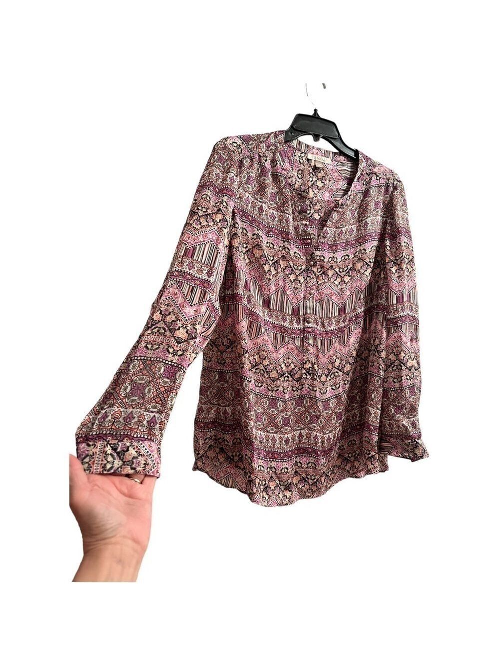 Roz & Ali Sheer Floral Tunic Womens 1X Purple & Cream Long or Roll Tab Sleeves